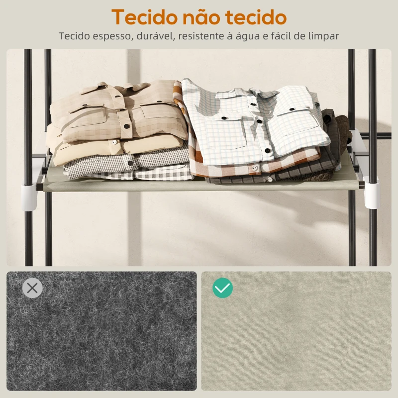HOMCOM Armário de Roupa Aberto 142x43x185 cm Armário para Roupas com 4 Prateleiras de Tecido 3 Barras para Pendurar Creme