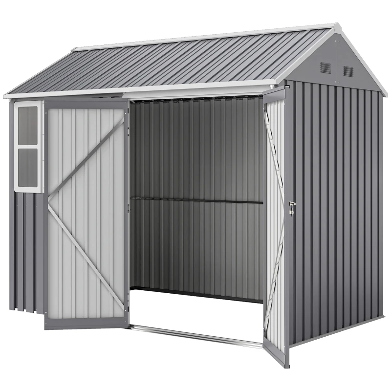 Outsunny 8 x 6 ft Galvanised Garden Shed, Outsoor Metal Storage Shed with Double Doors Window Air Vents for Patio, Lawn, Grey