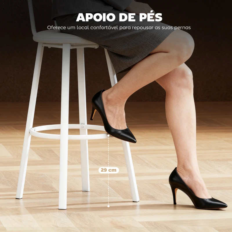 HOMCOM Conjunto de 2 Bancos de Bar Bancos Altos de Cozinha com Encosto e Apoio para Pés Estofados em PU Assento 41,5x36,5x99,5 cm Madeira e Branco