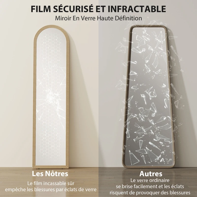 HOMCOM Miroir de sol arqué pleine longueur miroir sur pied cadre en effet imitation pierre pour salon chambre 40 x 160 cm beige