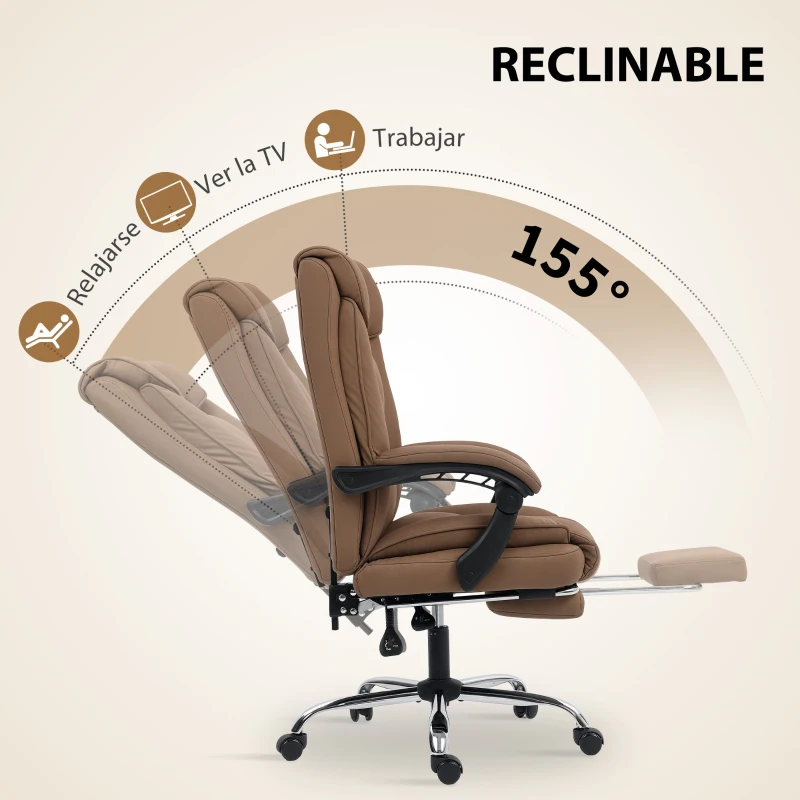 HOMCOM Silla de Escritorio con Reposapiés Respaldo Reclinable Acolchado Grueso Tapizada en Cuero Sintético Marrón
