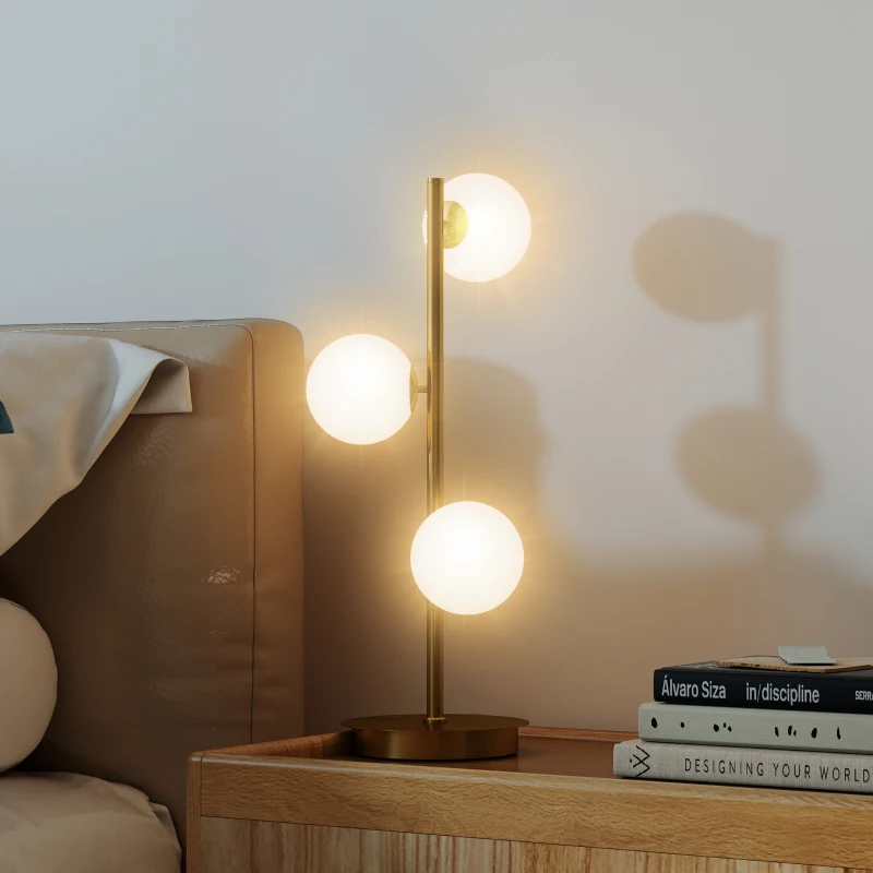 HOMCOM Lampe de chevet avec 3 abat-jours globe, lampe de table moderne avec base en acier et douilles G9, 53H cm, ton laiton