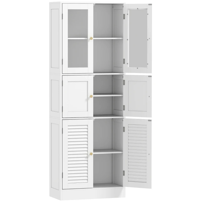 HOMCOM Armário de Casa de Banho Alto com Portas de Vidro Portas de Ripas e Prateleiras Ajustáveis 60x30x170 cm Branco