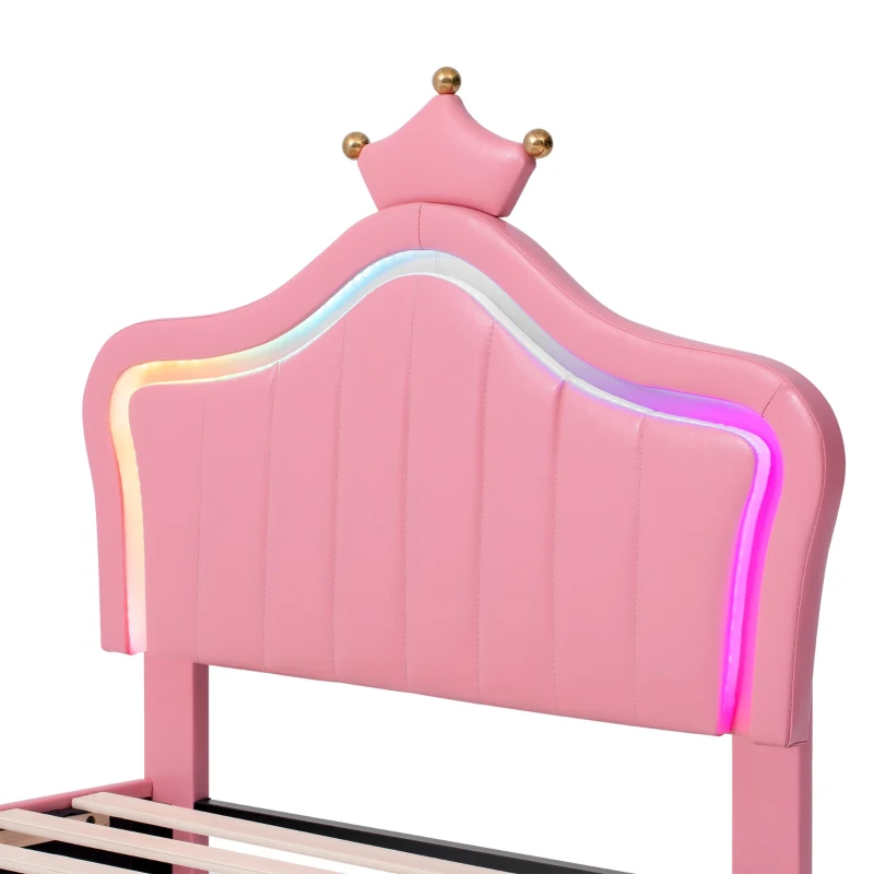 3ft Single Upholstered Bed with Adjustable Crown Headboard, PU Leather Platform, Bed Base for Living Room, 194L x 103W x 125H cm, Pink