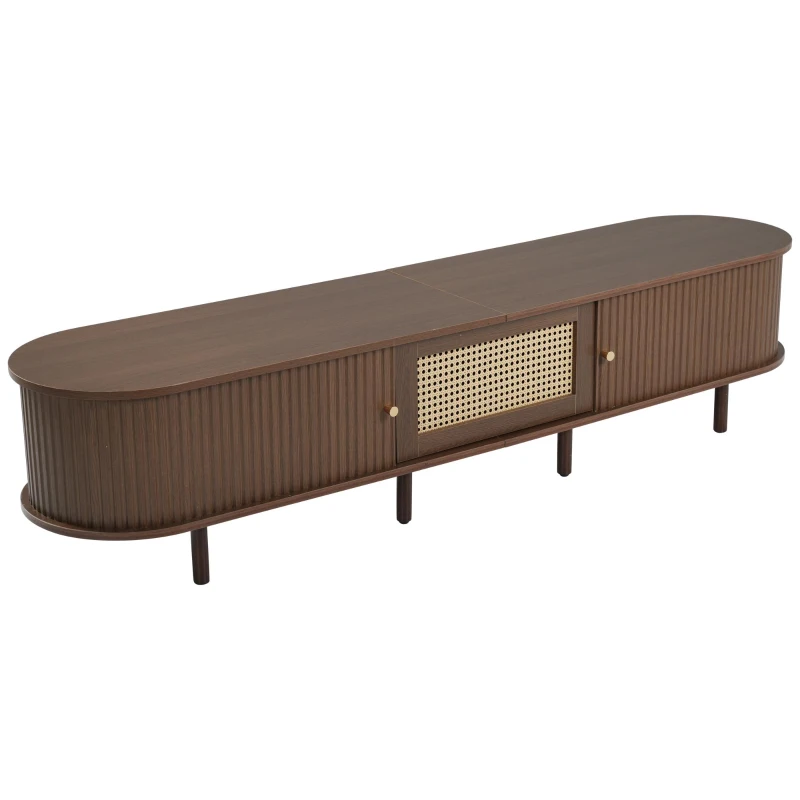 Oval TV Unit with Rattan Drawer and 2 Sliding Doors, Rounded Corner Sideboard,TV Stand Suitable for 70-inch TV, 180L x 40W x 40H cm, Oak