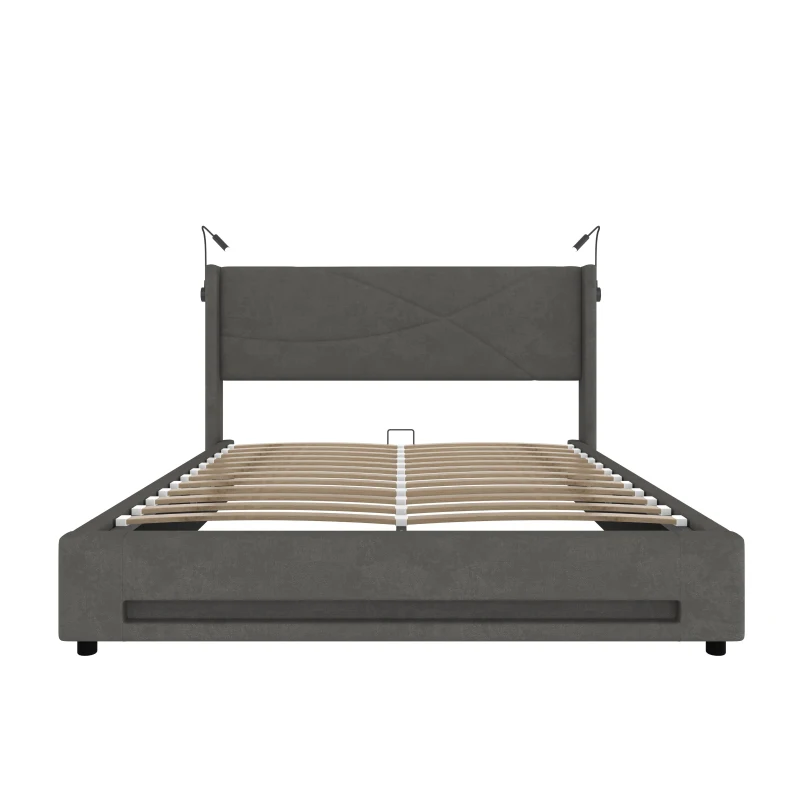 Modern Storage Bed Frame with Integrated Reading Lamps, Bed Base with USB and Type-C Charging Ports, 199L x 142W x 106H cm, Dark Gray