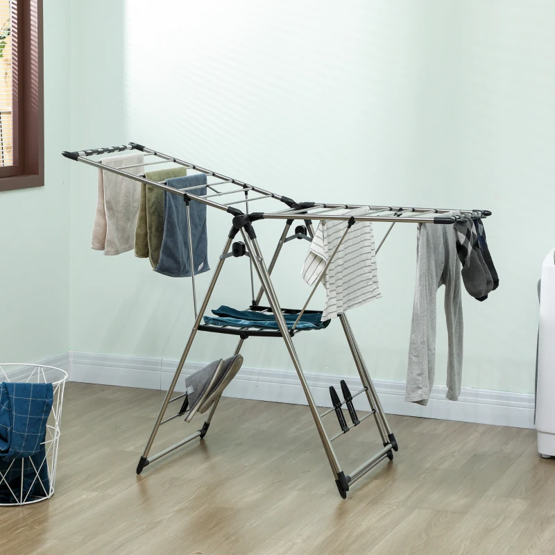 HOMCOM Étendoir pliable séchoir sur pied avec ailes réglables, porte-chaussures, acier inoxydable, 156,5 x 68 x 192 cm, argent
