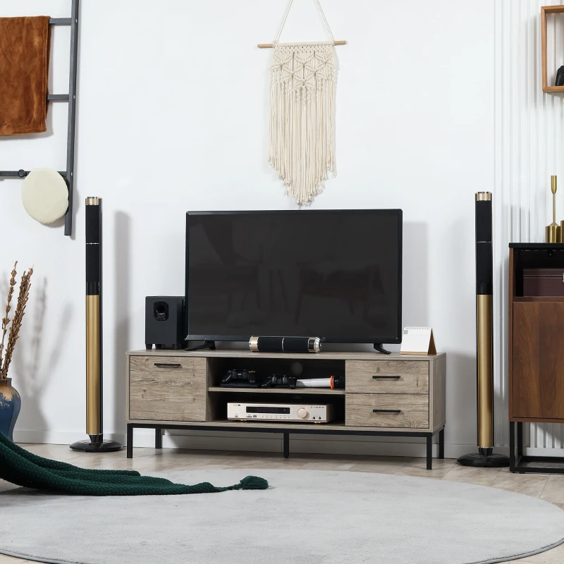 HOMCOM Meuble TV meuble télé jusqu'à 50 pouces placard, 2 tiroirs et 2 niches - 2 passe-câbles - 132 x 39 x 45,5 cm gris noir