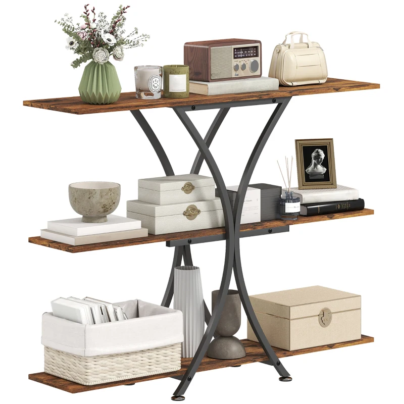 HOMCOM Mesa Consola de 3 Níveis Estilo Industrial com 2 Prateleiras Abertas e Estrutura Metálica em X Consola Estreita 110x30x91 cm Castanho Rústico