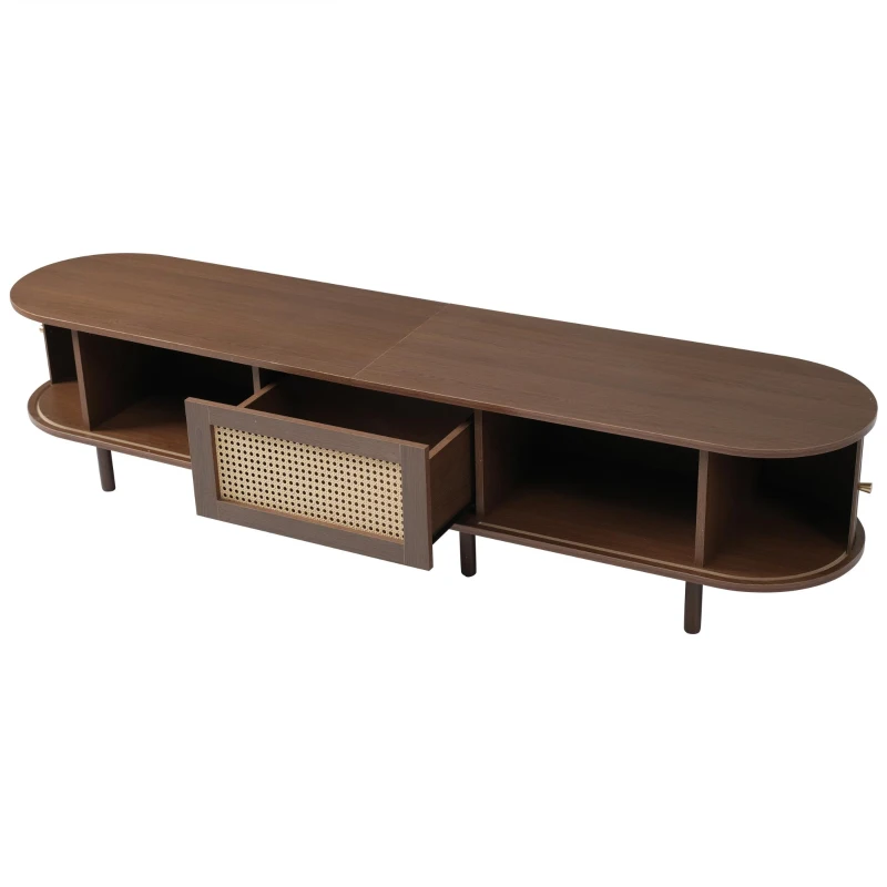 Oval TV Unit with Rattan Drawer and 2 Sliding Doors, Rounded Corner Sideboard,TV Stand Suitable for 70-inch TV, 180L x 40W x 40H cm, Oak