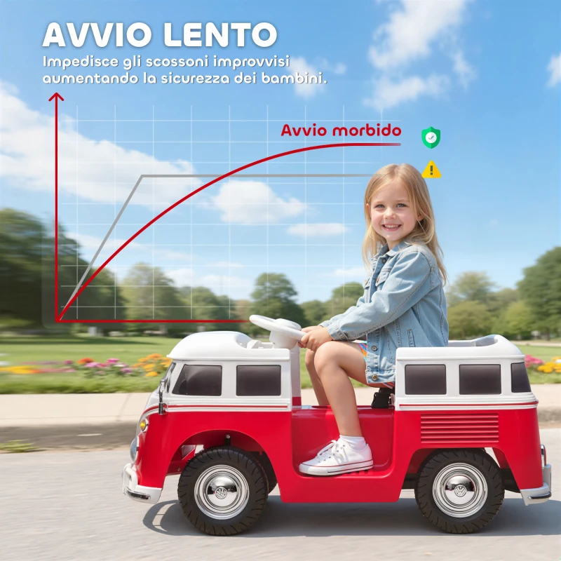 AIYAPLAY Auto Elettrica per Bambini Licenza Volkswagen T1 con Lettore MP3, in Metallo e PP, 89x49x41.5 cm, Rosso