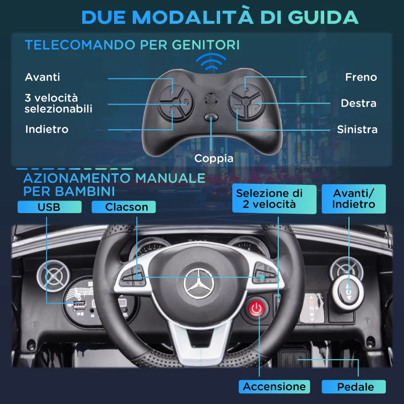 AIYAPLAY Macchina Elettrica per Bambini Licenza Mercedes SLC 300 con Telecomando, in PP e Metallo, 107x62.5x44 cm, Nero