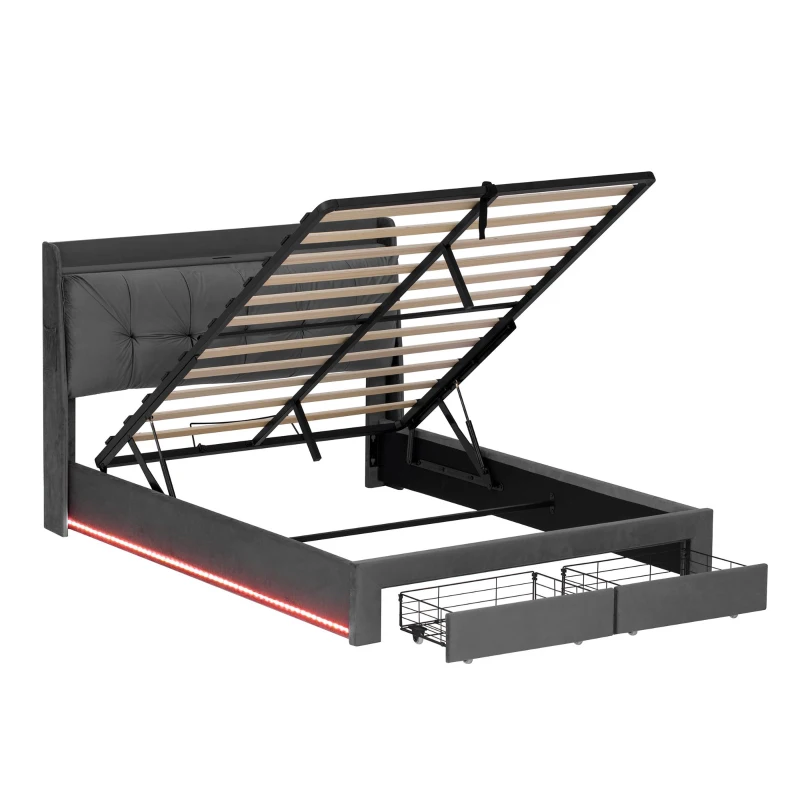 5ft King Ottoman Bed Frame with Two Drawers and Side Pockets, Velvet Upholstered Headboard for Living Room, 213L x 155W x 111H cm, Grey