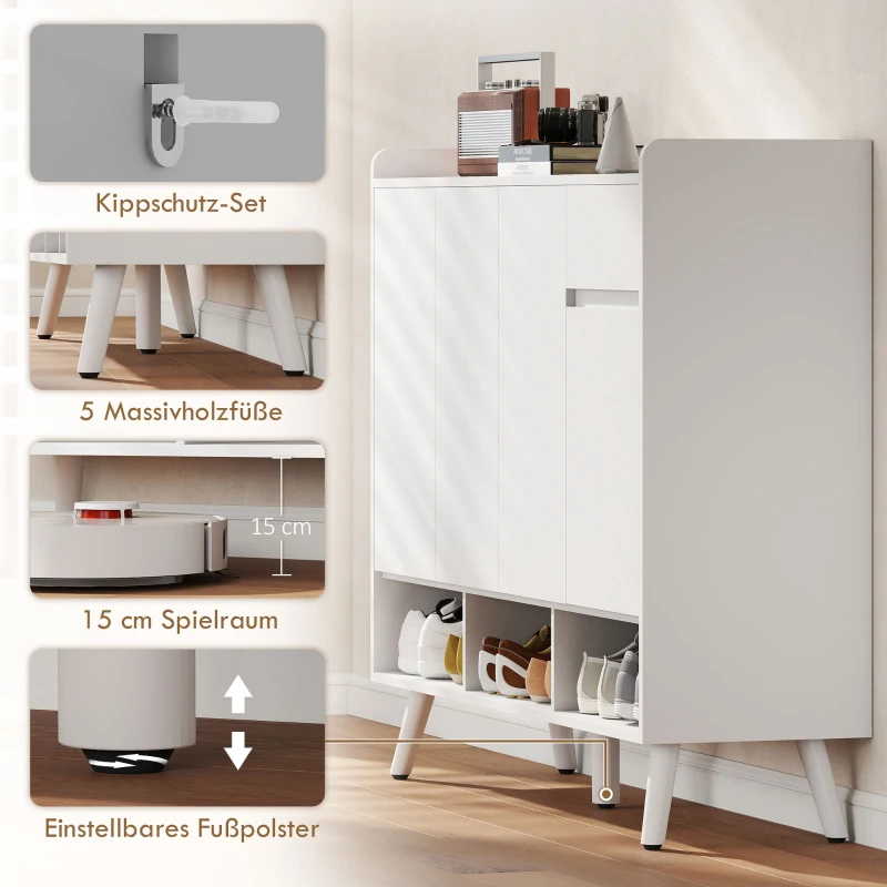 HOMCOM Schuhschrank mit grifflosem Design, 4 Türen, 4 verstellbare Regale, freistehendes Schuhregal mit 5 Holzbeinen, Holz, Weiß