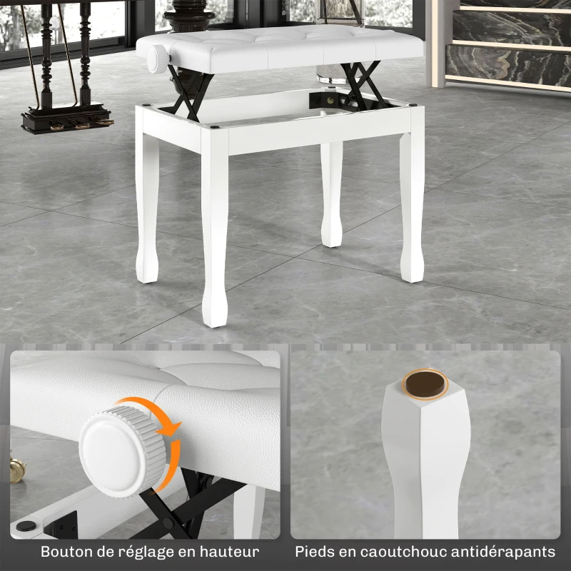 HOMCOM Banc de piano, banc de clavier réglable en hauteur en bois massif, siège rembourré, 64 x 35 x 45-55 cm, blanc