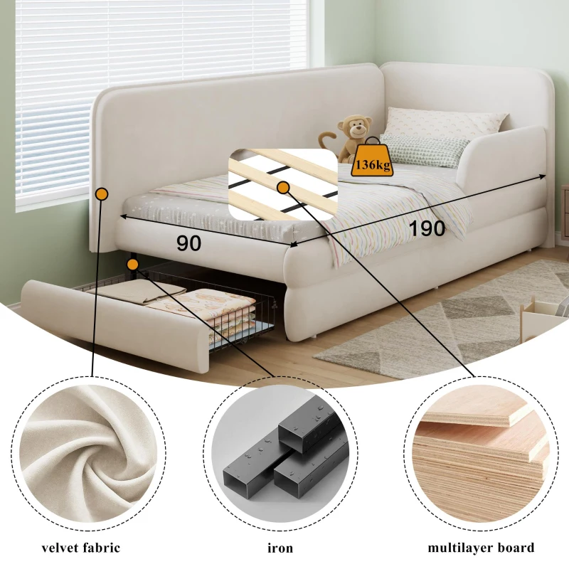 Upholstered 3ft Single Bed with Storage Drawer and Fitted Side Rails, Velvet Upholstery Daybed for Compact Room, 205.5L x 80W x 98H cm, Beige