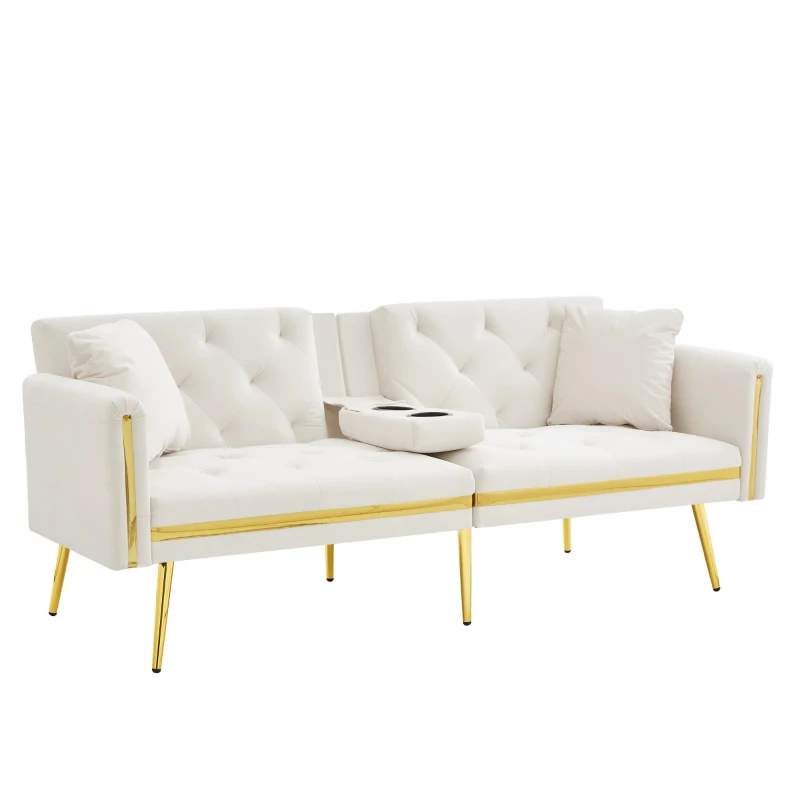 Two-seater Sofa Bed with 3-Position Adjustable Backrest, Concealed Cup Holders, Daybed for Compact Room, 174L x 76W x 71.5H cm, White