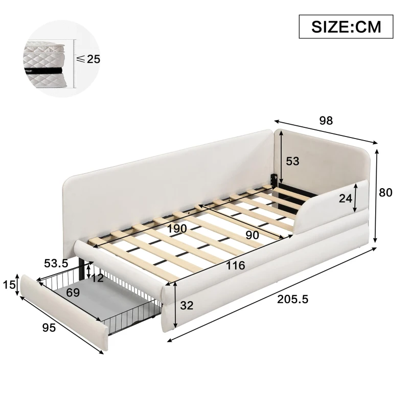 Upholstered 3ft Single Bed with Storage Drawer and Fitted Side Rails, Velvet Upholstery Daybed for Compact Room, 205.5L x 80W x 98H cm, Beige