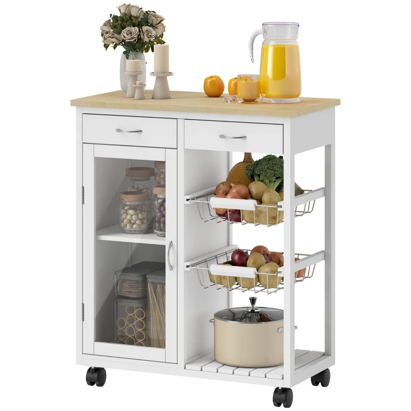 HOMCOM Desserte de cuisine à roulettes, îlot central cuisine avec plateau en bambou, porte vitrée, 67 x 35 x 80 cm, blanc