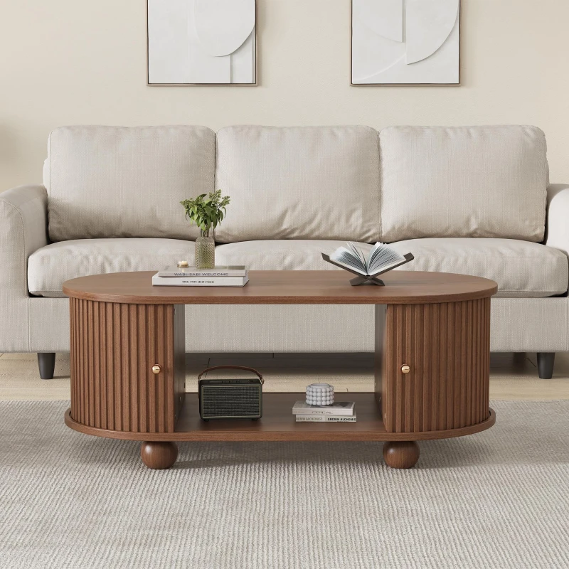 Oval Coffee Table with 2 Sliding Doors, Hidden Centre Compartment, Rounded Corners, Desk with Fingerprint‑resistant MDF, 100L x 50W x 40H cm, Oak