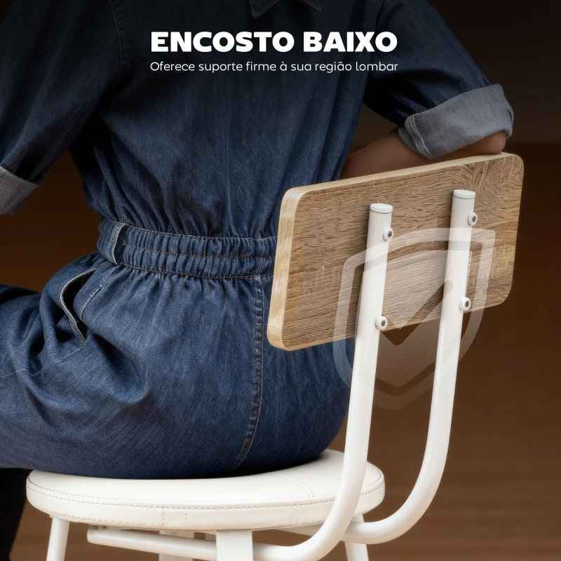 HOMCOM Conjunto de 2 Bancos de Bar Bancos Altos de Cozinha com Encosto e Apoio para Pés Estofados em PU Assento 41,5x36,5x99,5 cm Madeira e Branco
