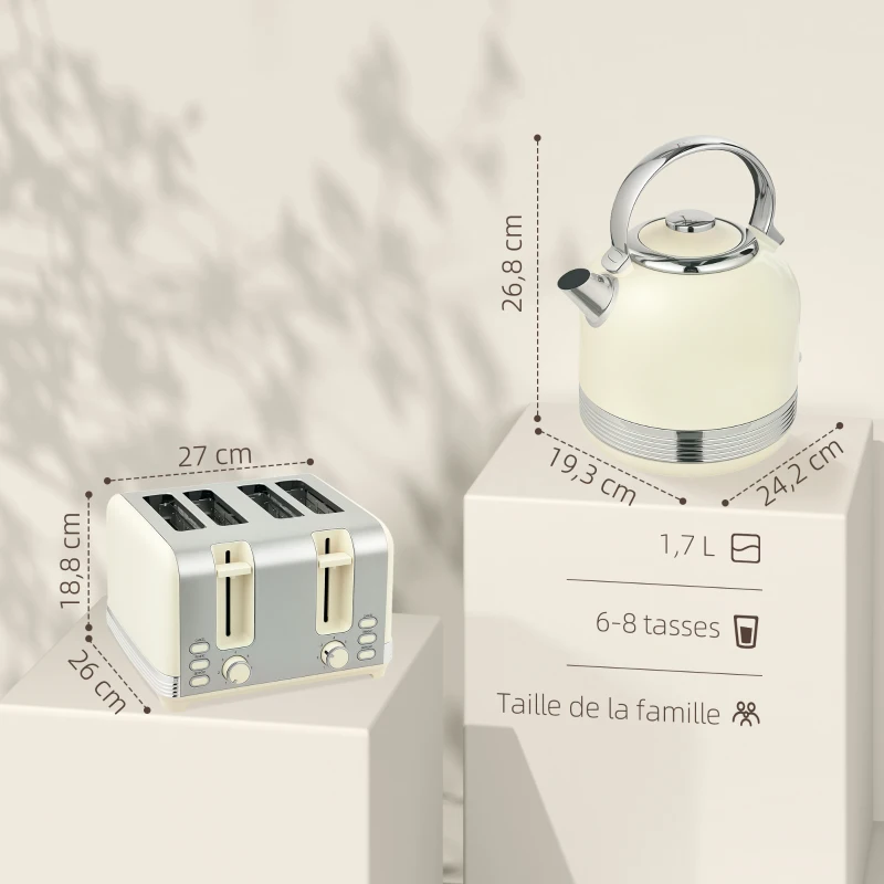 HOMCOM Ensemble bouilloire grille-pain, bouilloire en acier inoxydable 1,7 L et 2200 W et grille-pain à 4 tranches, crème