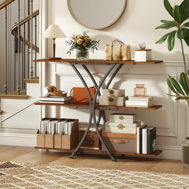 HOMCOM Mesa Consola de 3 Níveis Estilo Industrial com 2 Prateleiras Abertas e Estrutura Metálica em X Consola Estreita 110x30x91 cm Castanho Rústico