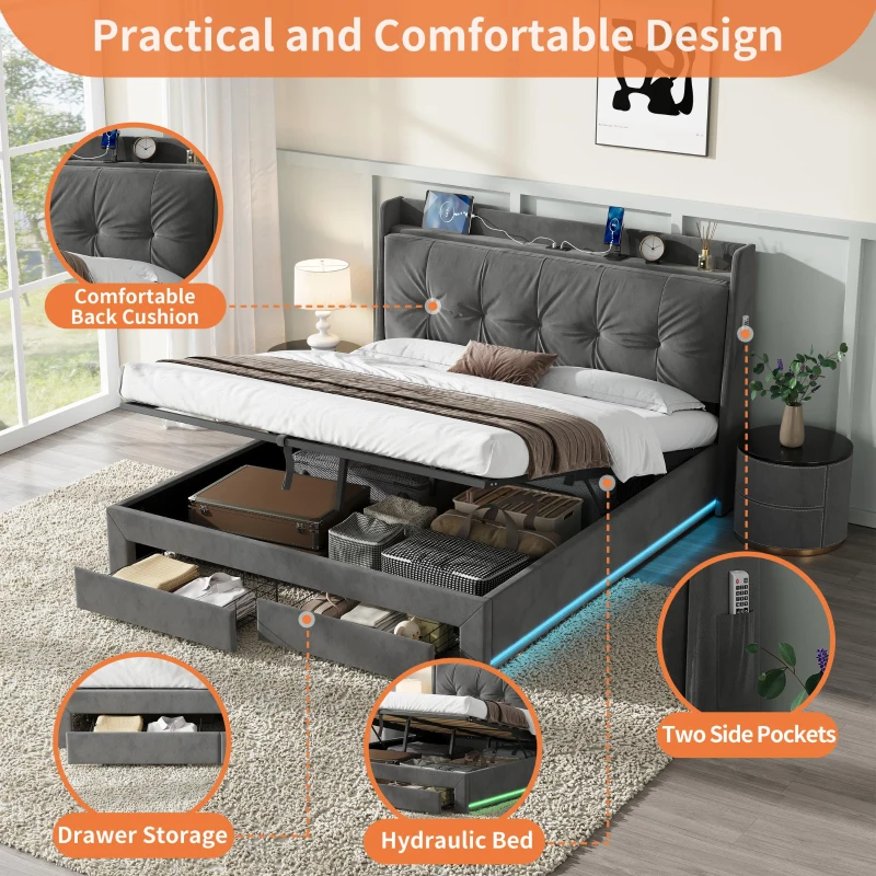 5ft King Ottoman Bed Frame with Two Drawers and Side Pockets, Velvet Upholstered Headboard for Living Room, 213L x 155W x 111H cm, Grey