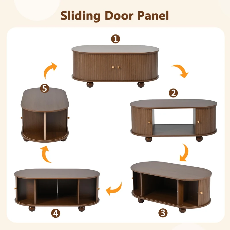 Oval Coffee Table with 2 Sliding Doors, Hidden Centre Compartment, Rounded Corners, Desk with Fingerprint‑resistant MDF, 100L x 50W x 40H cm, Oak