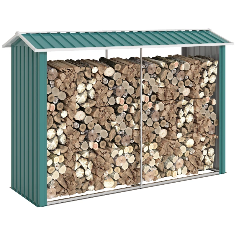 Outsunny Casetilla para Leña de Acero Galvanizado Leñero Exterior Cobertizo de Almacenamiento de Troncos con Techo para Jardín Terraza 240x86x160 cm Verde