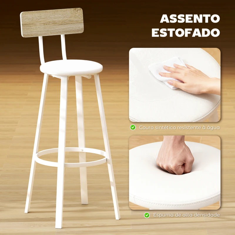 HOMCOM Conjunto de 2 Bancos de Bar Bancos Altos de Cozinha com Encosto e Apoio para Pés Estofados em PU Assento 41,5x36,5x99,5 cm Madeira e Branco