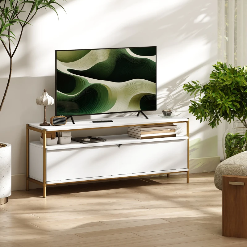 HOMCOM Meuble TV meuble télé pour téléviseur jusqu'à 55 pouces avec 2 portes rabattables et étagère ouverte, 124x35x50cm, blanc