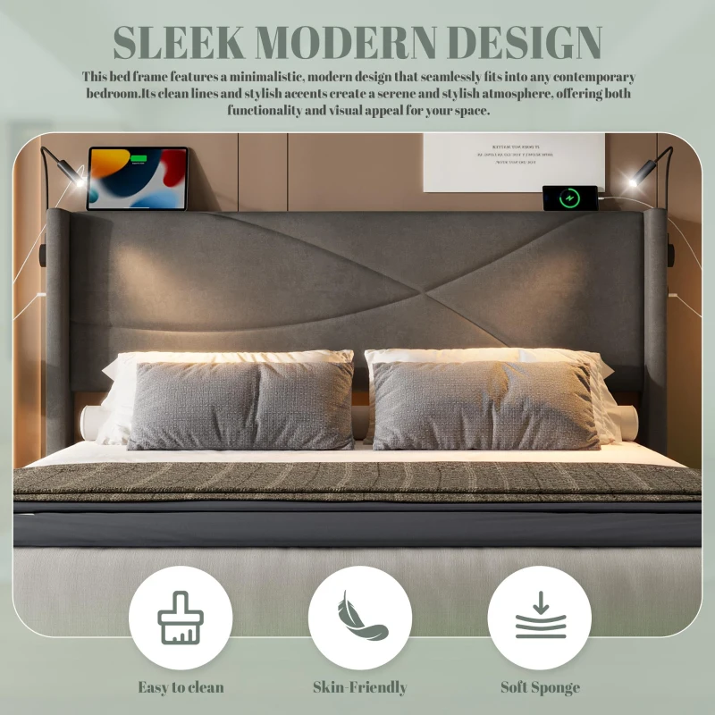 Modern Storage Bed Frame with Integrated Reading Lamps, Bed Base with USB and Type-C Charging Ports, 199L x 142W x 106H cm, Dark Gray