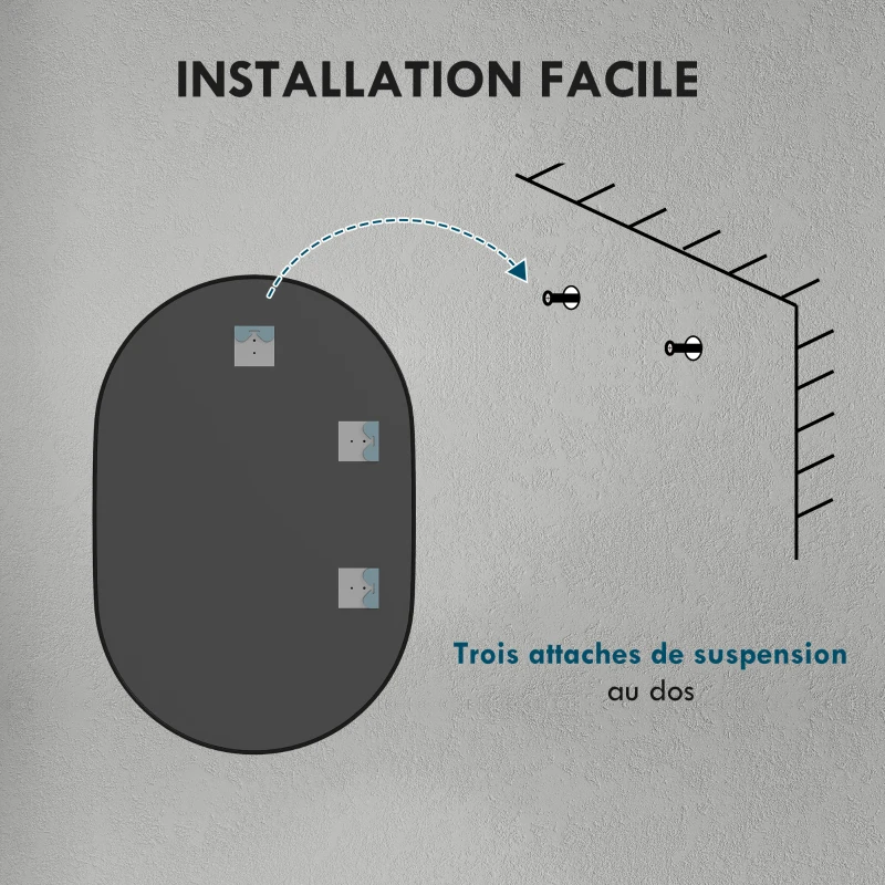 HOMCOM Miroir ovale mural cadre en aluminium style minimaliste montage vertical ou horizontal avec 3 crochets 60 x 90 cm noir