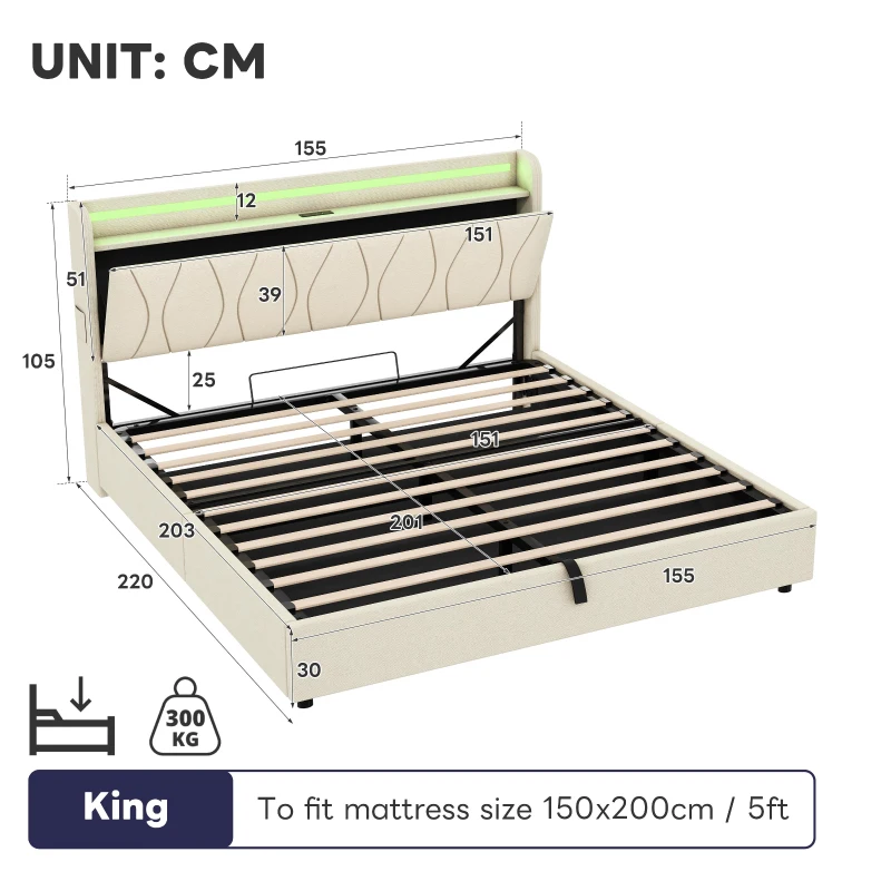 5ft King Upholstered Bed Frame with Hydraulic Storage and Charging Station, RGB LED Bed Base for Living Room, 220L x 155W x 105H cm, Beige