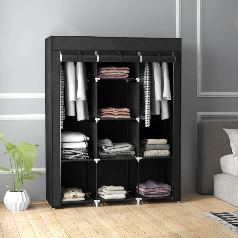 HOMCOM Armoire penderie multi-rangement - 8 étagères, 2 barres - non tissé noir