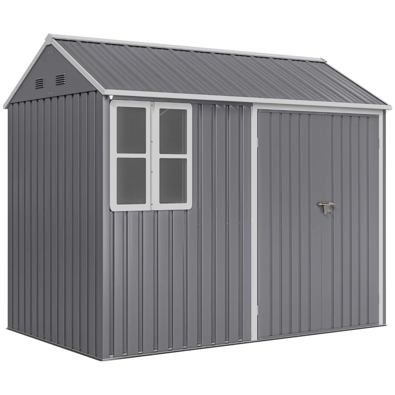 Outsunny 8 x 6 ft Galvanised Garden Shed, Outsoor Metal Storage Shed with Double Doors Window Air Vents for Patio, Lawn, Grey