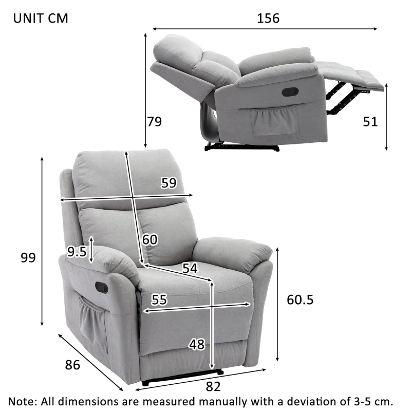 Adjustable Pull‑tab Recliner with Side Storage Pocket, Metal Frame, Padded Cushions, High‑back Armchair for the Elderly, 82L x 86W x 99H cm, Gray