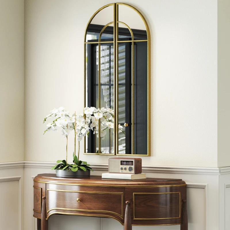 HOMCOM Miroir mural arc 30 x 120 cm, grand miroir décoratif avec cadre métallique, pour salon, chambre, couloir, ton doré
