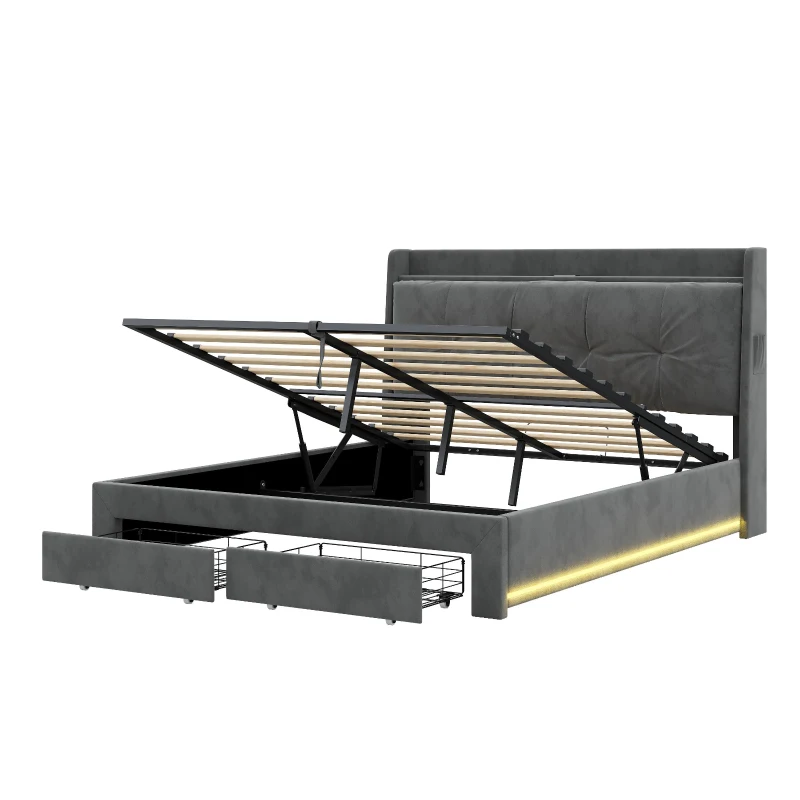 Double Ottoman Upholstered Bed Frame with Hydraulic Storage, 2 Drawers, Side Pockets, Headboard for Living Room, 203L x 138W x 111H cm, Grey