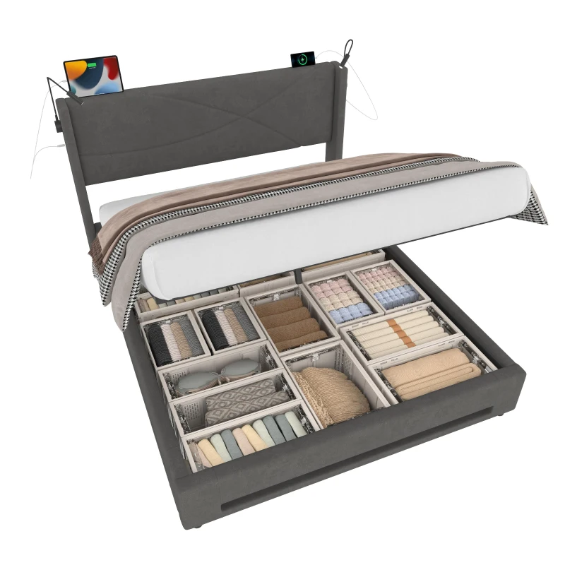 Modern Storage Bed Frame with Integrated Reading Lamps, Bed Base with USB and Type-C Charging Ports, 199L x 142W x 106H cm, Dark Gray