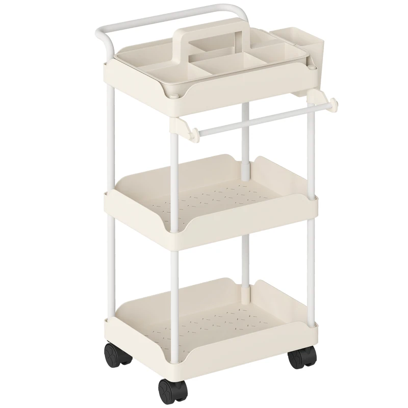 HOMCOM opbergtrolley, 3 manden, handdoekhouder, wielen, handgreep, metalen frame, wit
