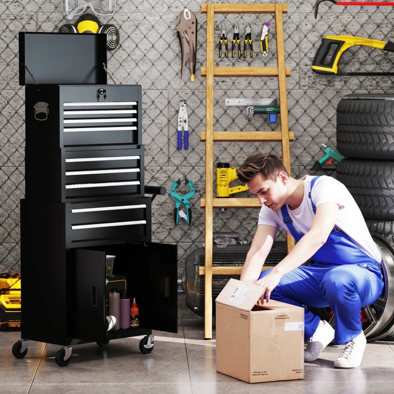 HOMCOM Cassetta portautensili 3-in-1, con 4 ruote, chiudibile con 9 cassetti, in acciaio, Nero