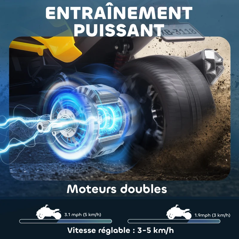 AIYAPLAY Quad électrique enfants voiture électrique enfants 12V 3 roues 2 moteurs lecteur MP3, klaxon, 2 vitesses 3-5 km/h jaune