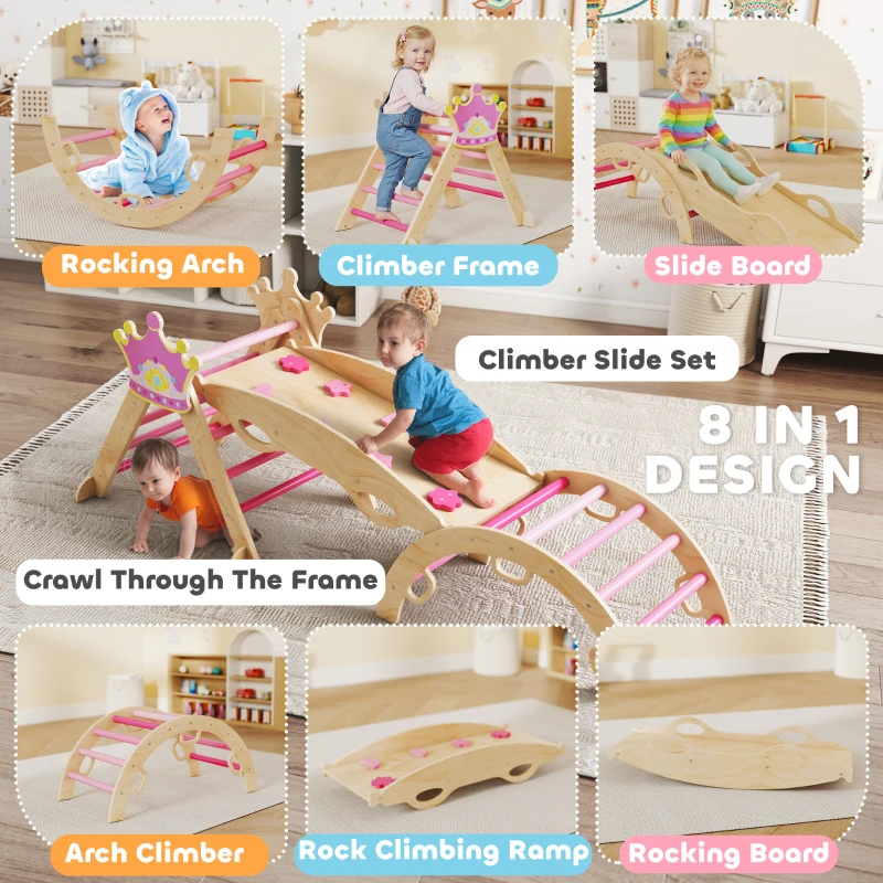 AIYAPLAY 8-in-1 indoor klimrek voor kinderen, prinsessenontwerp, glijbaan, helling, boog, hout