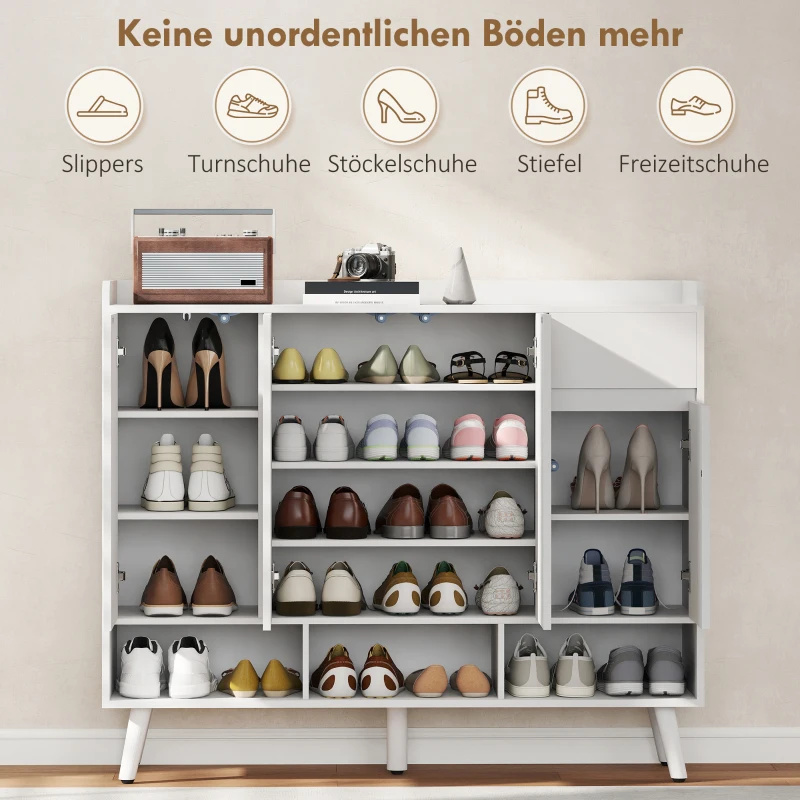HOMCOM Schuhschrank mit grifflosem Design, 4 Türen, 4 verstellbare Regale, freistehendes Schuhregal mit 5 Holzbeinen, Holz, Weiß