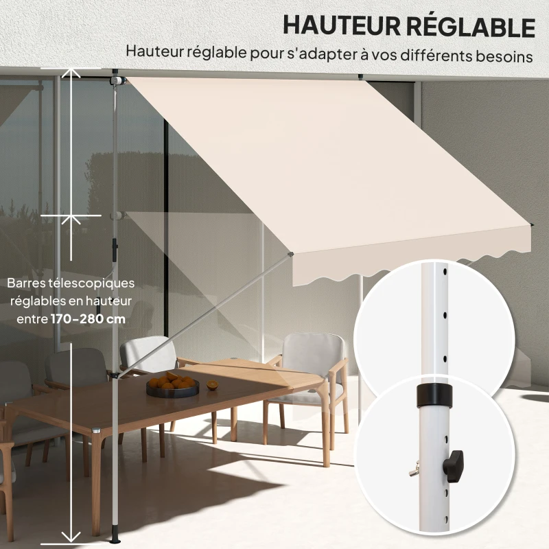 Outsunny Store banne Manuel rétractable 3L x 1,5l m Auvent Téléscopique sans Perçage Inclinaison et Hauteur réglable Installation Rapide métal alu Polyester Anti-UV beige