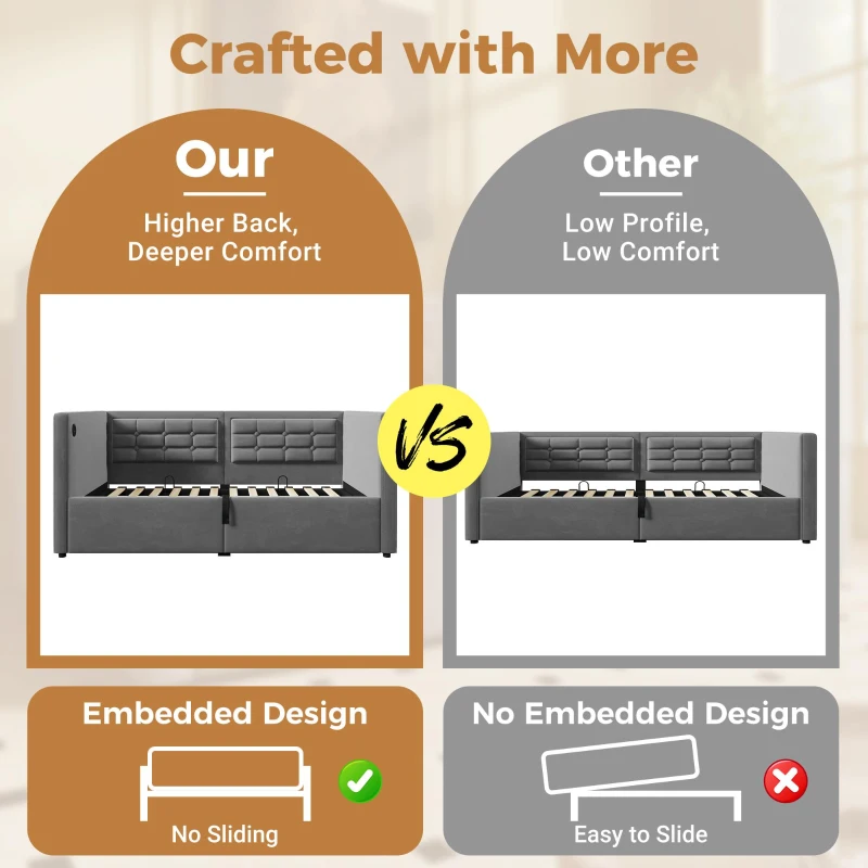 3ft Single Sofa Bed with Hydraulic Under-bed Storage and Side Pockets, Daybed with USB & Type-C Charging Station, 205L x 106W x 75H cm, Grey