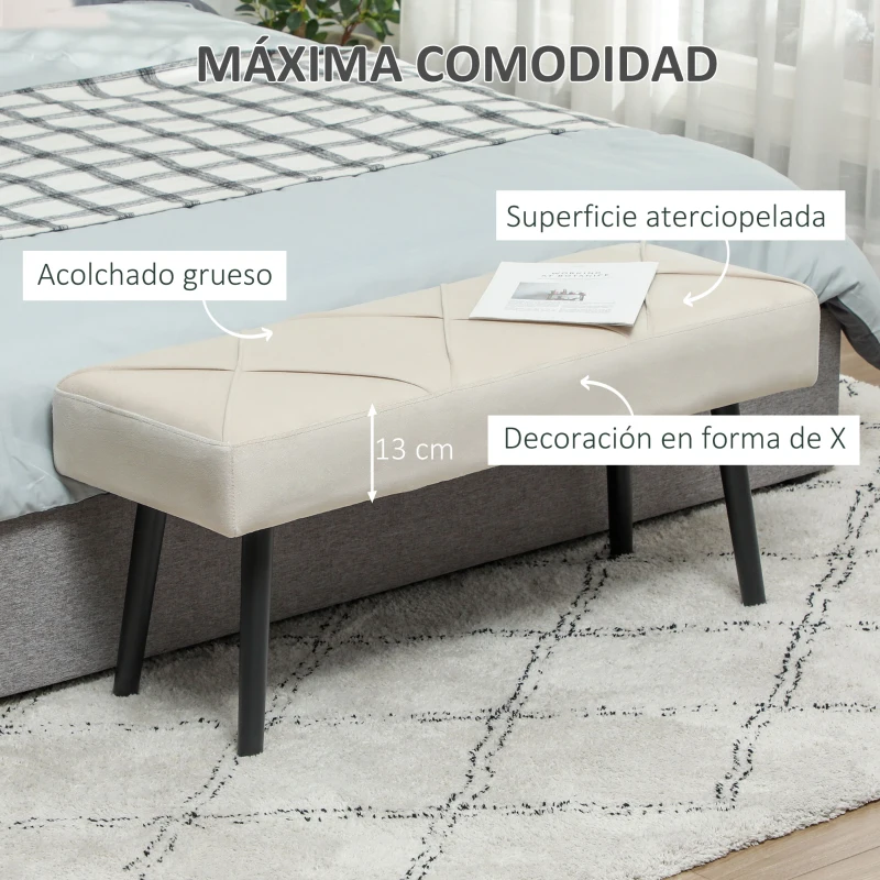 HOMCOM Taburete Pie de Cama Multifuncional con Pies de Acero y Asiento Acolchado para Entrada Pasillo 100x36x45 cm Blanco Crema