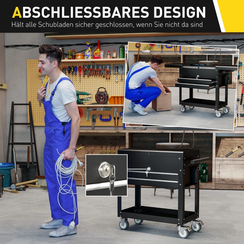 HOMCOM Mobilna szafka narzędziowa na kółkach, skrzynka narzędziowa z szufladami, blat roboczy, zamykana, z uchwytem, stal, czarny